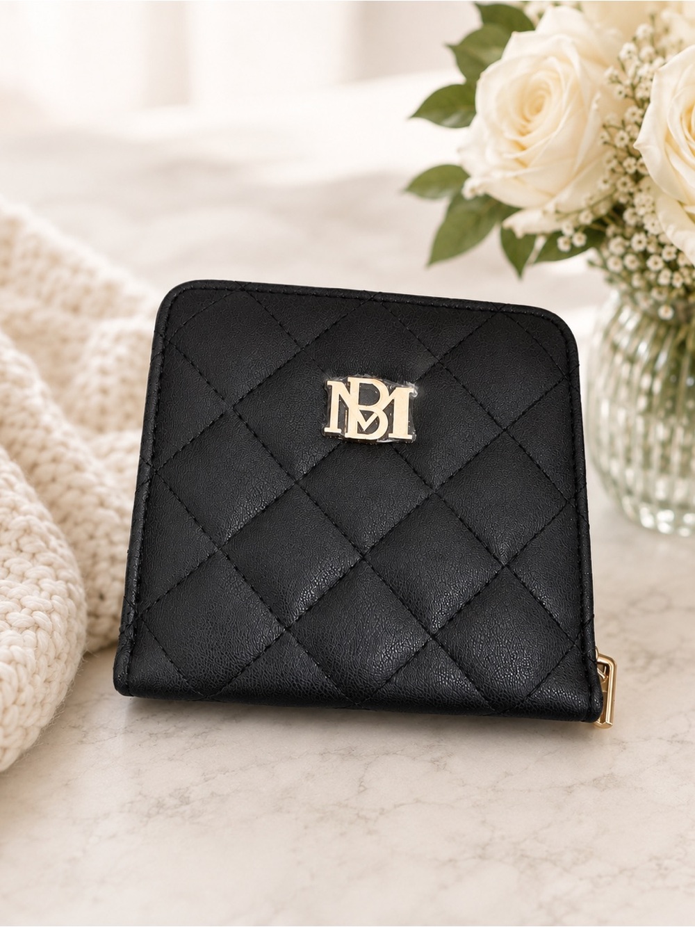 Badgley Mischka Black Quilted Wallet with Gold Logo